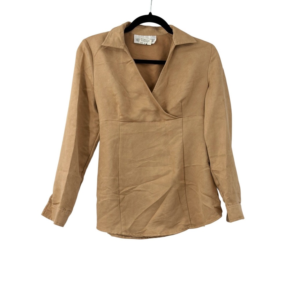 Motherhood Maternity Faux Suede Blouse Tan Camel V-Neck Tie Back Long Sleeve S